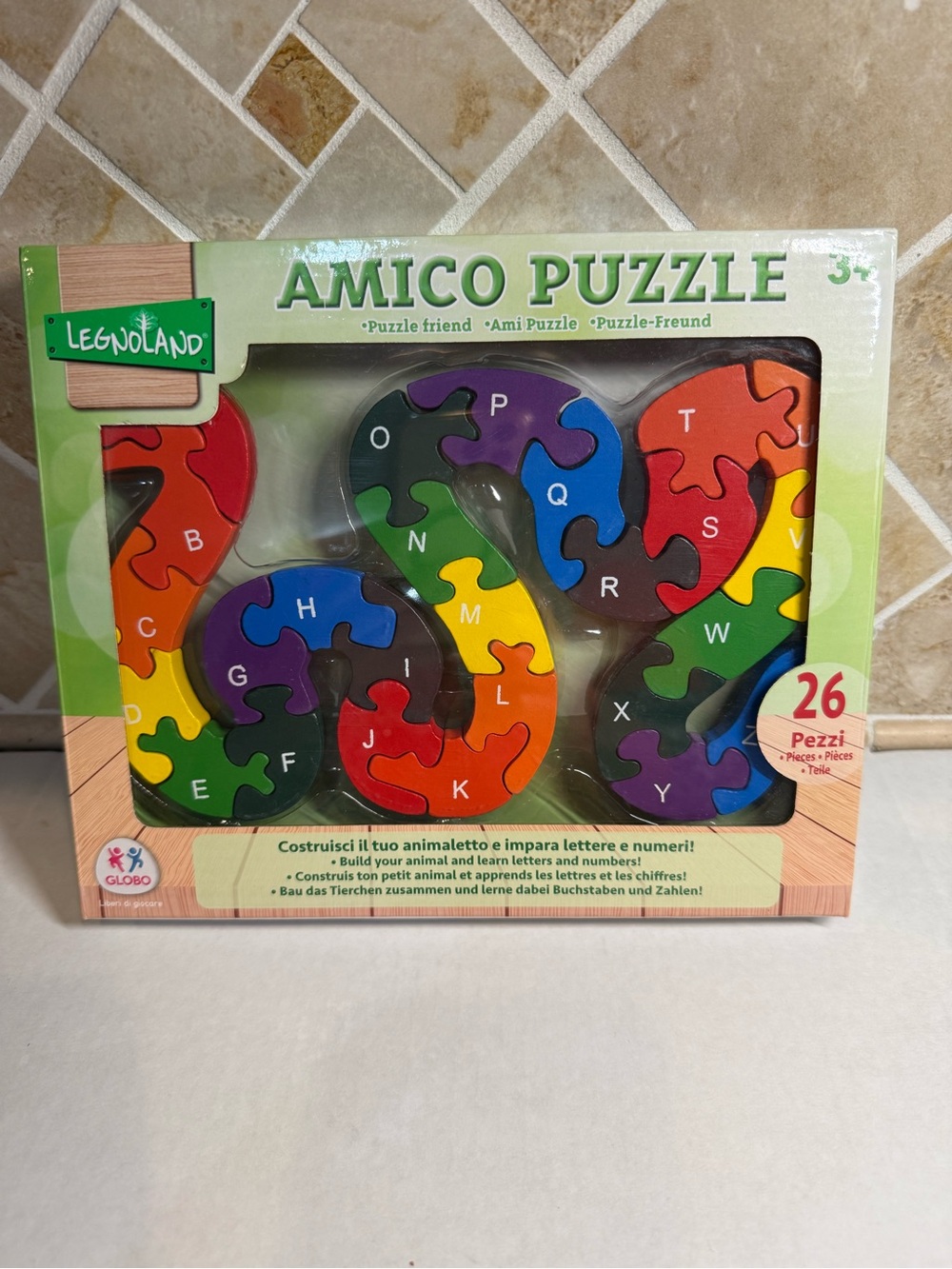 Legnoland Amico Puzzle Wooden Alphabet Animal 26-Piece Learning Toy New.